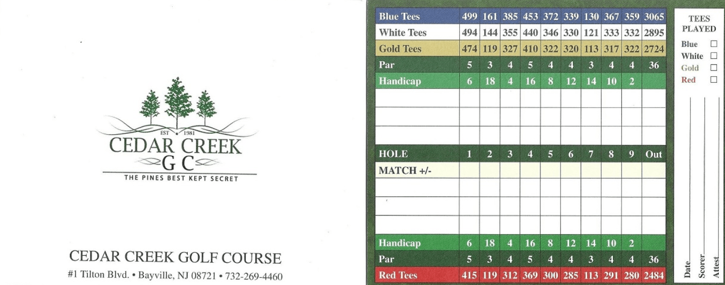 Scorecard Cedar Creek Golf Course