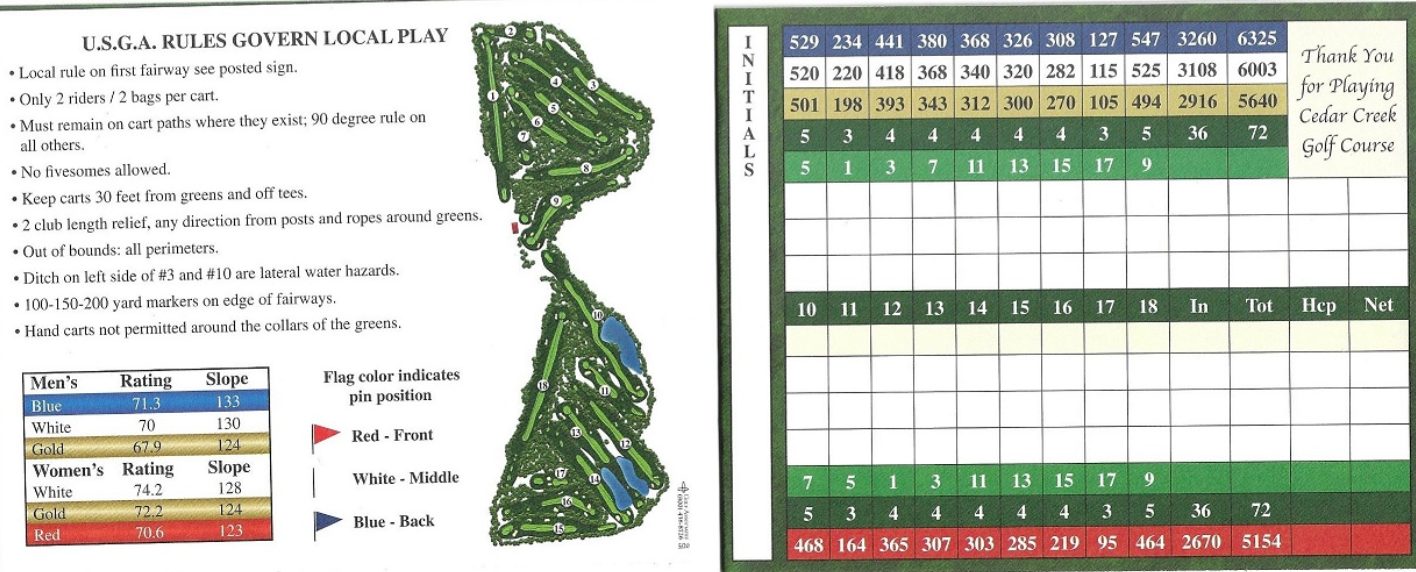 Scorecard Cedar Creek Golf Course